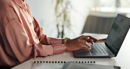 Leinwandbilder - Hands, typing and woman in office with laptop, market research or web review for online project stats. Proposal, data analysis and businesswoman at desk writing email, report or business intelligence
