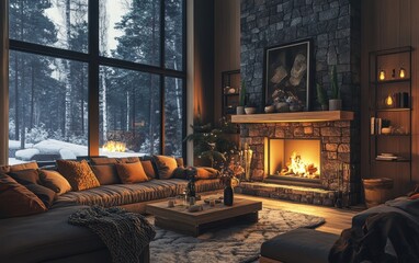 Cozy Cabin Interior with Fireplace and Winter Forest View