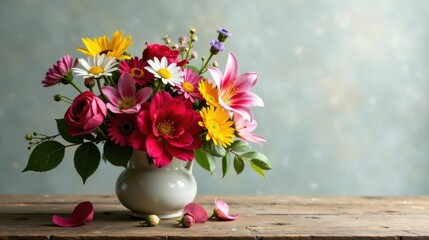 Wall Mural - A Vibrant Bouquet of Summer Flowers in a Simple Vase on Rustic Wood