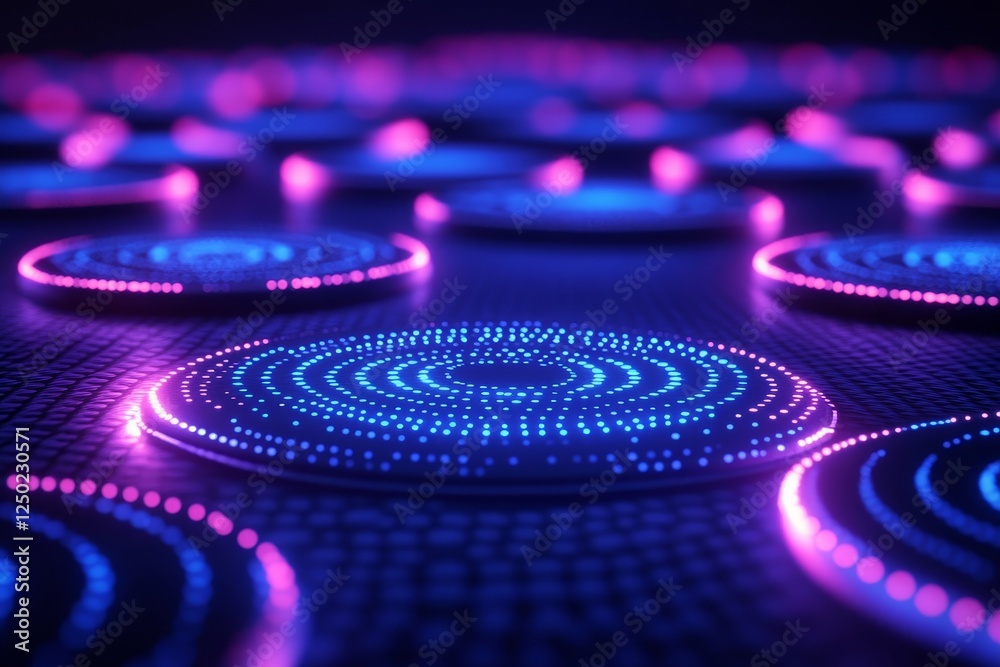 Abstract 3D rendering of concentric glowing circles in a grid ...