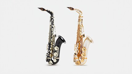 Wall Mural - Two saxophones, one black and one gold, displayed side by side, showcasing their unique designs and finishes.