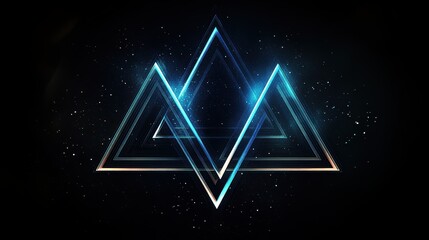 Poster - abstract neon triangle portal to space, glowing geometric design on starry night background.