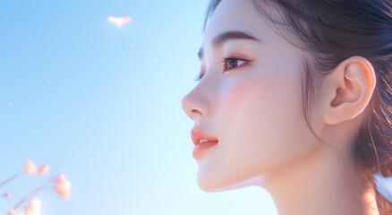 Aufkleber - 若くてかわいいアジア人女性モデルの横顔。青空と花の背景が爽やかなで優しい雰囲気を演出している。
