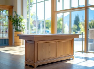 Wall Mural - Modern wooden reception desk, sunny interior, mountain view