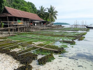 Canvas Print - Ocean Conservation Concept. A peaceful coastal scene featuring a wooden structure on the shore, surrounded by green seaweed and palm trees, with calm waters in the background.