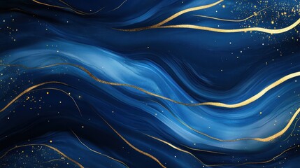 Poster - Luxurious Deep Blue and Gold Abstract Art Background Fluid Waves and Glittering Accents for Elegant Design