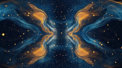 Wall Mural - abstract galaxy nebula golden light and cosmic dust on dark blue background, symmetrical design.