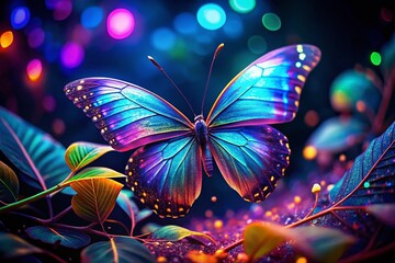 Poster - Neon Holographic Butterfly in Digital Forest - Minimalist Stock Photo