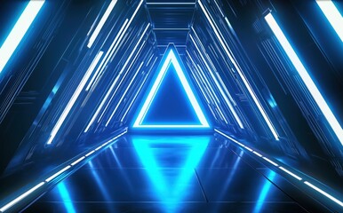 Wall Mural - illuminated triangular portal in futuristic blue neon corridor with reflective surface