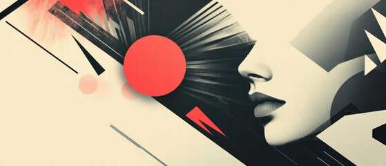 Poster - Abstract Black and White Art with Face Profile and Bold Red Elements
