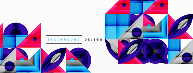 Poster - Geometric abstract composition with intersecting shapes, circles, triangles, and gradients, blending vibrant colors and dynamic contrasts to create a modern, futuristic visual design