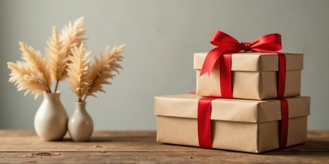 Canvas Print - Stack of Wrapped Gifts with Dried Flowers on Wooden Table