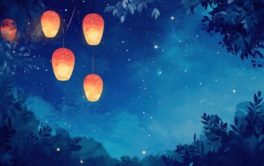 Wall Mural - Magical Night Sky with Glowing Lanterns Dreamy Illustration for Festive Celebrations and Backgrounds.