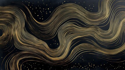Poster - Abstract Gold Wave Art on Black Background with Stars and Swirls