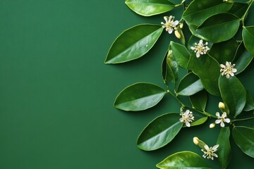 Wall Mural - Citrus Blossom and Green Leaves on Dark Green Background Elegant Floral Border with Copy Space.