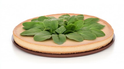 Wall Mural - A round cheesecake topped with fresh green spinach leaves.