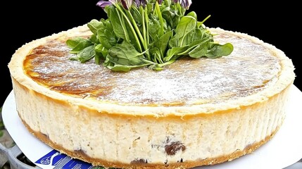 Wall Mural - A delicious cheesecake topped with fresh greens and edible flowers.