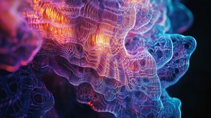 Poster - Abstract 3D Render of Complex Interwoven Strands with Glowing Orange and Blue Hues.