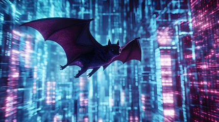 Wall Mural - Futuristic Bat Soaring Through Neon Cityscape