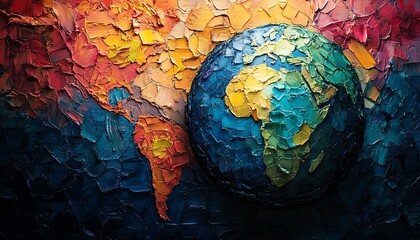 Poster - Globe abstract painting, Earth made from small pieces of paper, colorful paper fragments, textured composition, dynamic art style, modern abstract design, vibrant hues, 4K clarity
