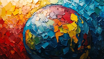 Poster - Globe abstract painting, Earth made from small pieces of paper, colorful paper fragments, textured composition, dynamic art style, modern abstract design, vibrant hues, 4K clarity