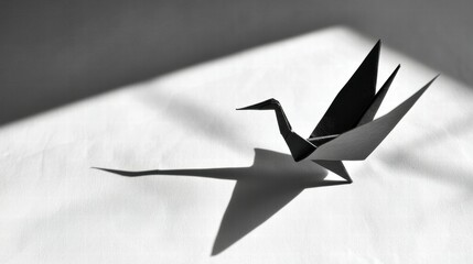 Poster - Elegant Black Origami Swan with Shadow on White Background