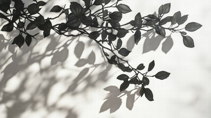 Poster - Elegant Branch with Leaves Casting Shadows on Soft White Background