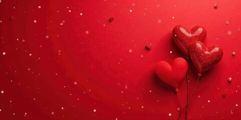 Wall Mural - Romantic Red Hearts and Golden Confetti on a Vibrant Background