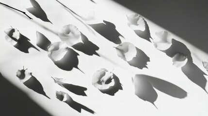 Poster - Elegant White Flower Petals Casting Shadows on Soft Gray Background