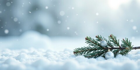 Poster - Serene Winter Scene Evergreen Branch Adorned with Silver Ornaments Resting on a Snowy Landscape Under a Gentle Snowfall