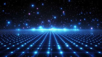 Blue digital grid background with glowing stars and particles, a futuristic technology concept