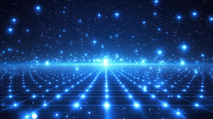 Blue digital grid background with glowing stars and particles, a futuristic technology concept