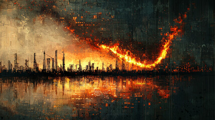 Poster - Industrial skyline with flames reflecting on water