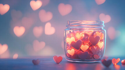 A jar filled with colorful hearts, symbolizing love and affection in a dreamy setting.