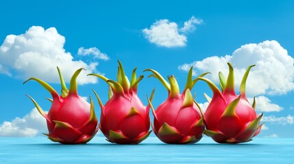 Wall Mural - Vibrant pink dragon fruit on a striking blue backdrop, tropical delight vivid