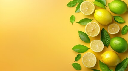 Wall Mural - Lemons and limes, vibrant still life of citrus fruits on yellow background