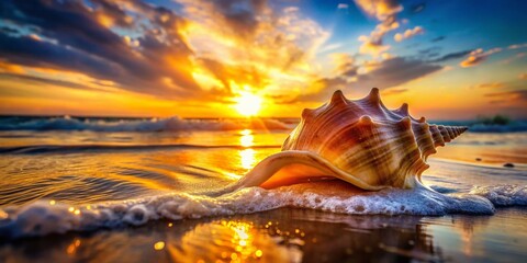 Wall Mural - Seashell Double Exposure: Ocean Waves Crashing on Sandy Beach