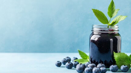 Wall Mural - Closeup of homemade blueberry jam and fresh blueberries, delicious summer treat