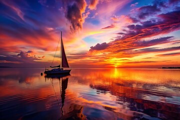 Wall Mural - Serene Sunset Sailboat Silhouette: Calm Waters, Golden Sky