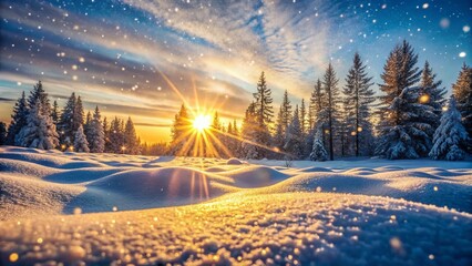 Wall Mural - Serene Winter Sunburst: Soft Snowflakes Falling on Peaceful Landscape