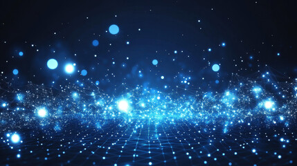 Blue digital grid background with glowing stars and particles, a futuristic technology concept
