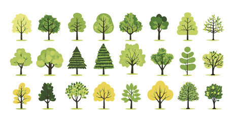 set of tree and leaf collection hand drawn flat design vector element. botanical set of bare trees a