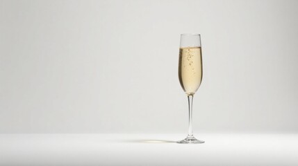 Wall Mural - A single flute of sparkling wine rests on a plain white surface