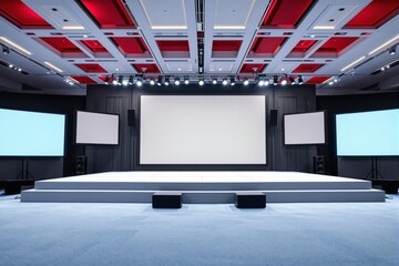 Wall Mural - Empty stage with a large blank screen and multiple side displays in a conference hall, illuminated by bright ceiling lights, suitable for presentations. Ai generative