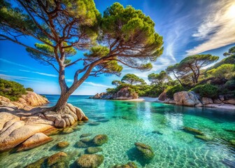 Wall Mural - Surreal Dreamscape: Palombaggia Beach, Corsica - Azure Waters, Pine Trees, Sandy Shores