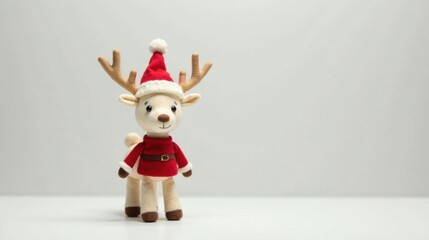 Wall Mural - Adorable Reindeer Toy in Festive Santa Hat and Red Outfit on White Background