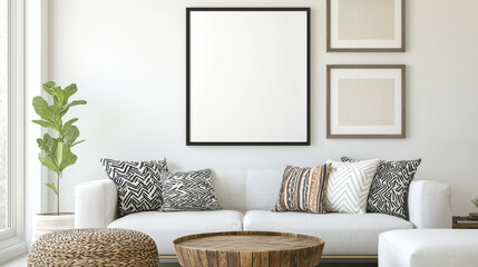 Wall Mural - Modern living room with white sofa, decorative pillows, and wooden table