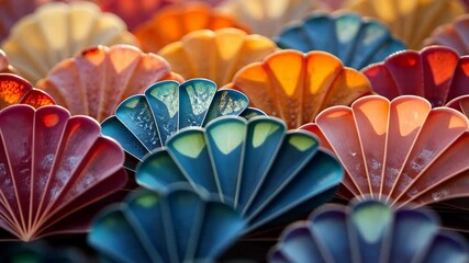 Poster - A close up of a colorful array of flower shaped objects. The objects are in various colors and sizes