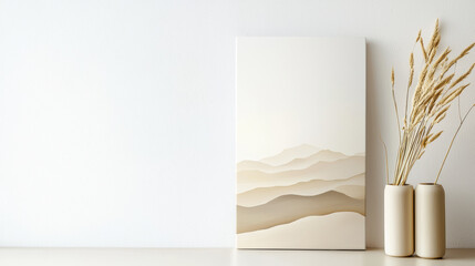 Wall Mural - Minimalist wall art with beige mountains and decorative vases