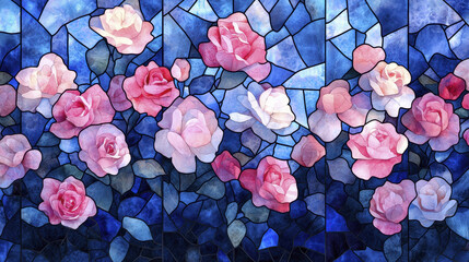 Wall Mural - Stunning Gothic rose motifs in vibrant blue and pink hues create captivating floral design